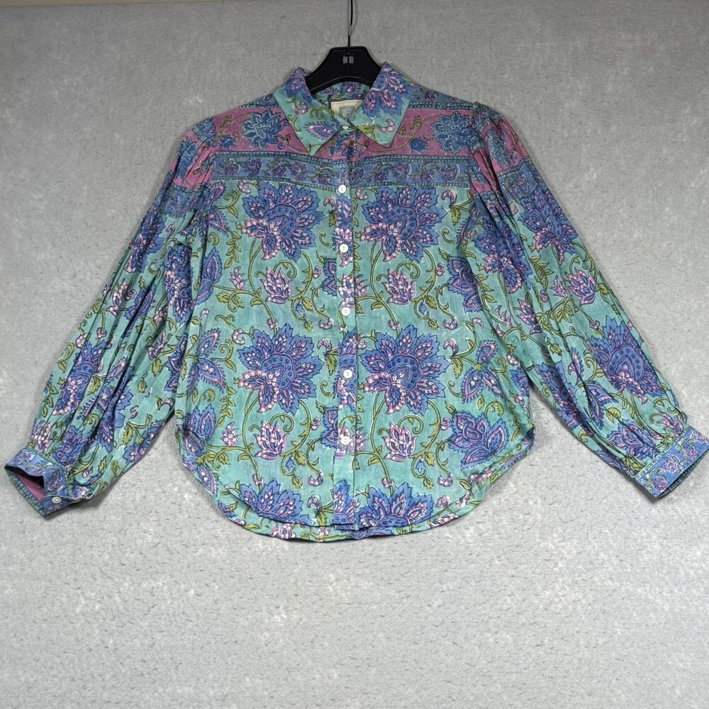 Bell Blouse XS Aqua and Pink Bea Floral Print and Relaxed Balloon-Style Sleeves